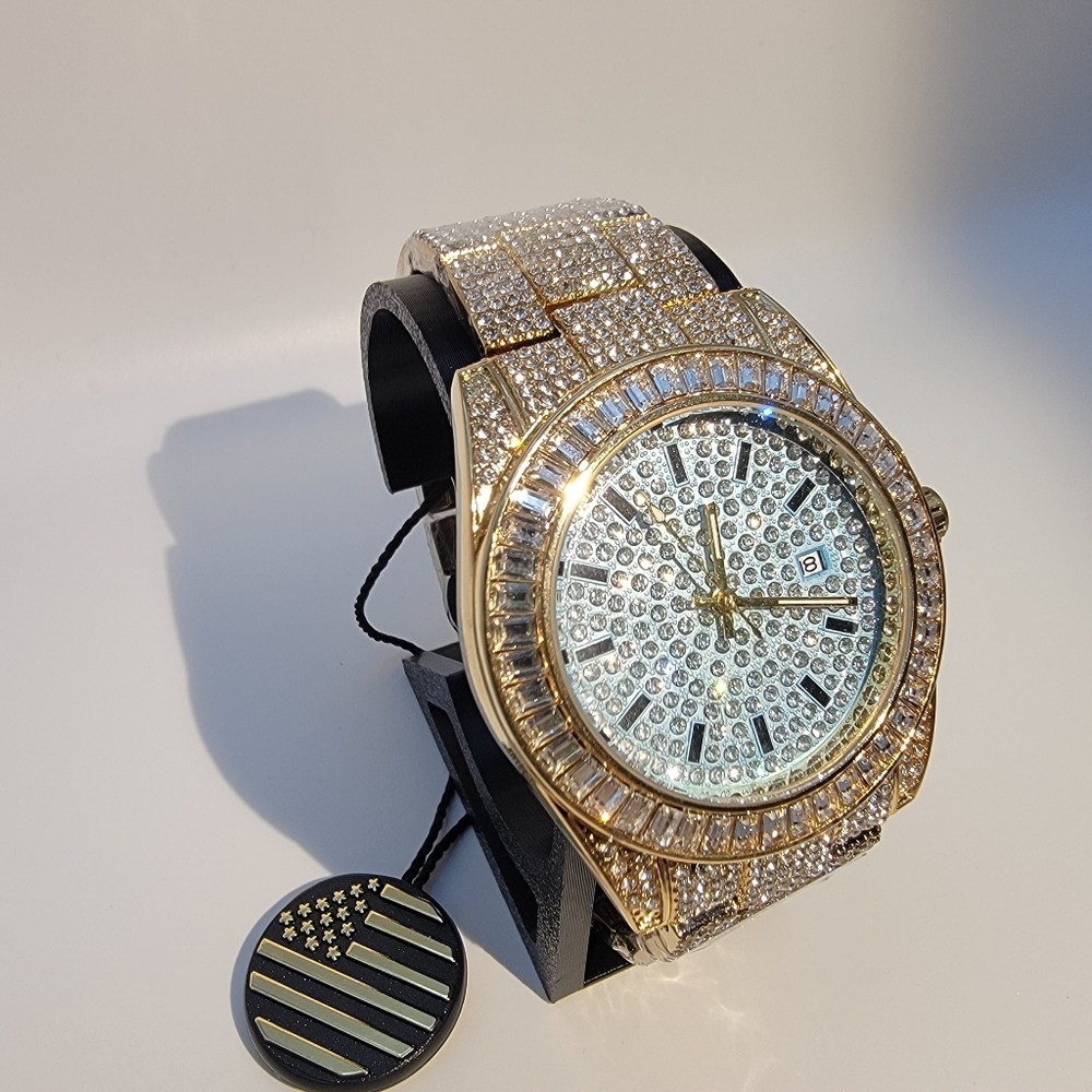 Luxury Gold Tone Women's Date Crystal Watch Light Tiffany Blue Dial Iced Out NEW